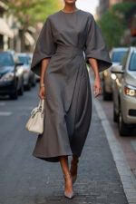 Loose Batwing Sleeve Dress Fashion Waist-tighted Solid Color Elegant Dresses For Women Clothing - Image 3