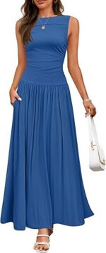 Women's Summer Sleeveless Maxi Dress Casual Round Neck Pleated Elegant Maxi Dress With Pockets - Image 2