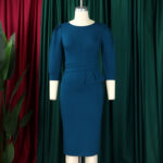 Women's Bodycon Pencil Dress Round Neck 3 4 Sleeve Peplum Wear To Work Office Dress - Image 9