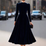 Velvet Round Neck Long Sleeve Velvet A-line Dress - Image 4