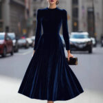 Velvet Round Neck Long Sleeve Velvet A-line Dress