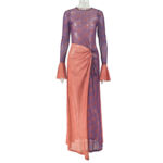 Women's Lightweight Sheer High-Low Skirt Round Neck Ruffled Long Sleeve Dress - Image 3