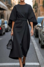 Loose Batwing Sleeve Dress Fashion Waist-tighted Solid Color Elegant Dresses For Women Clothing - Image 2