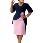 Solid Color Floral Pleated Cap Sleeve Plus Size Dress - Image 4
