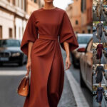 Loose Batwing Sleeve Dress Fashion Waist-tighted Solid Color Elegant Dresses For Women Clothing - Image 6