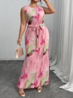 Plus-size Womens Round-neck Pleated Dress With A Traditional Chinese-style Print - Image 2