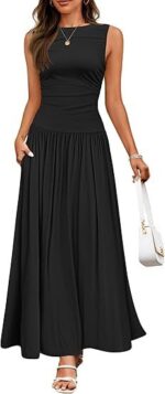 Women's Summer Sleeveless Maxi Dress Casual Round Neck Pleated Elegant Maxi Dress With Pockets - Image 3
