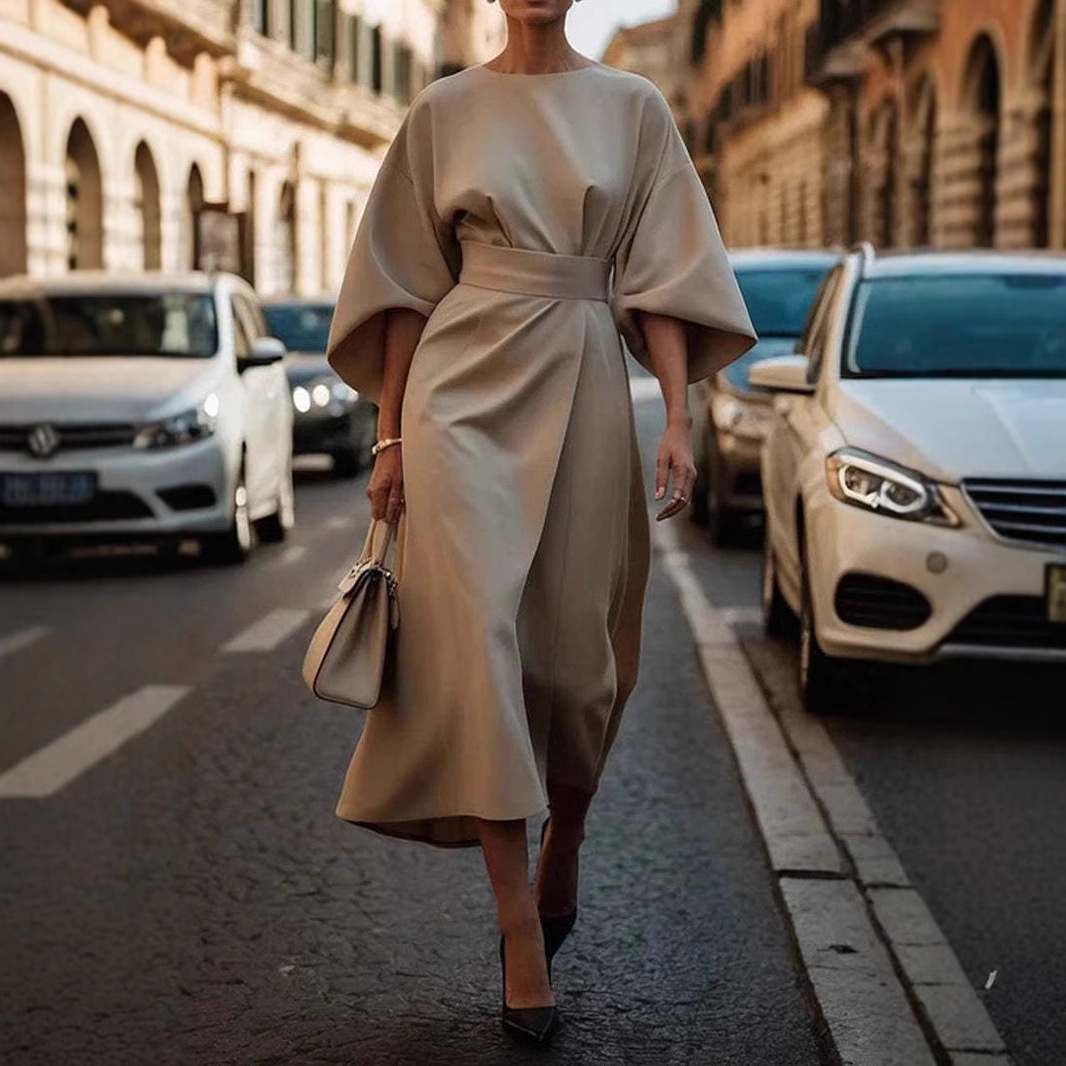 a09f8018-560d-4f11-9685-ae24c893db5c.jpg Loose Batwing Sleeve Dress Fashion Waist-tighted Solid Color Elegant Dresses For Women Clothing - Image 1