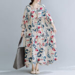 Plus Size Loose Panel Cotton Linen Print Short Sleeve Dress - Image 5
