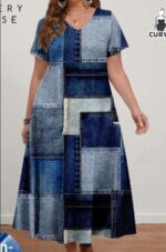 Plus Size Women's Casual Patchwork Pattern V-Neck Short Sleeve Dress, Suitable For Spring Autumn - Image 2