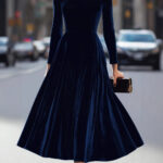 Velvet Round Neck Long Sleeve Velvet A-line Dress - Image 2
