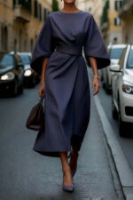 Loose Batwing Sleeve Dress Fashion Waist-tighted Solid Color Elegant Dresses For Women Clothing - Image 9