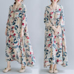 Plus Size Loose Panel Cotton Linen Print Short Sleeve Dress - Image 3