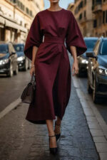 Loose Batwing Sleeve Dress Fashion Waist-tighted Solid Color Elegant Dresses For Women Clothing - Image 4