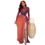Women's Lightweight Sheer High-Low Skirt Round Neck Ruffled Long Sleeve Dress - Image 5