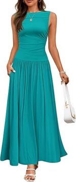 Women's Summer Sleeveless Maxi Dress Casual Round Neck Pleated Elegant Maxi Dress With Pockets - Image 4