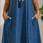 Plus Size Sleeveless Round Neck Solid Color Dress With Pockets, Summer Maxi Women Outfit