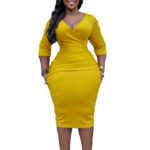 V-neck Temperament Sheath Plus Size Solid Color Dress - Image 2